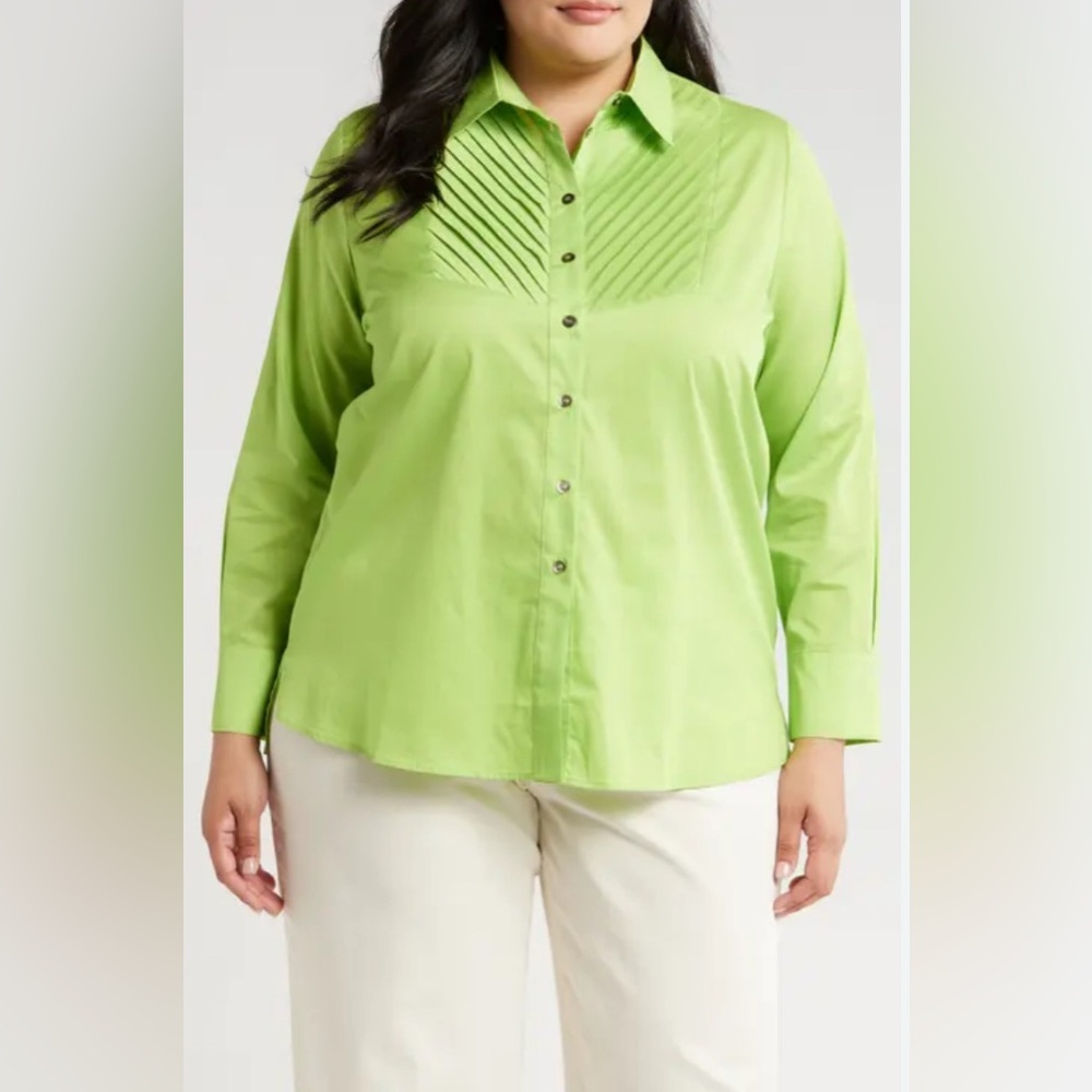 $265 HARSHMAN Kaliyah Pleated Button-Up Shirt Lime green Size 3XL 100% Cotton